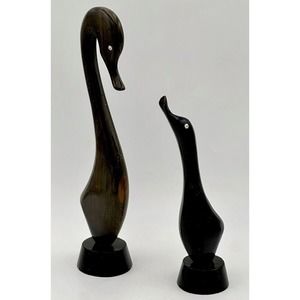 Vtg Hand Carved Mom & Baby Wooden Statue Birds Egret Swan Heron Cottage Core MCM